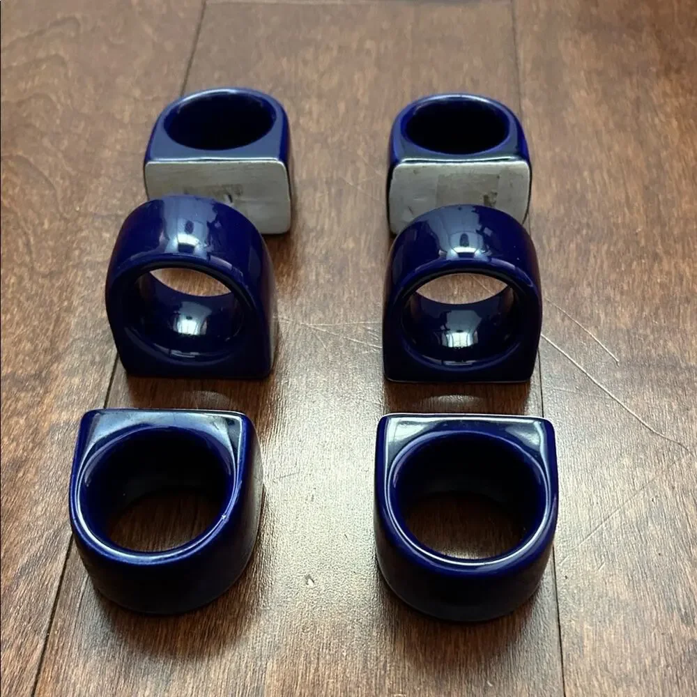 Vintage Pier 1 Imports Ceramic Cobalt Navy Blue Napkin Ring Set, 6 Piece Set